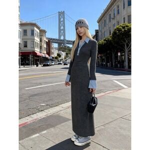 Elegant Contrast Trim Bodycon Maxi Dress Fall/Winter Long Sleeve Ribbed Knit new